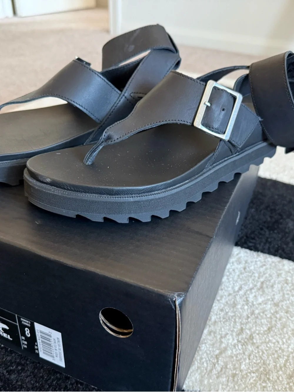 Sorel Black Leather T-Strap Sandals with Buckle - Picture 3 of 5